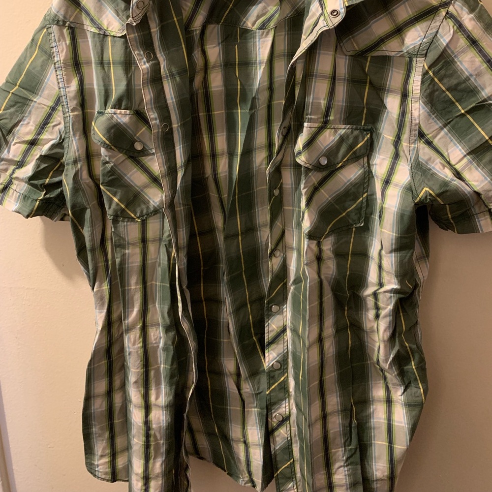 Old Navy Men’s Snap Button Down Green Plaid Shirt
